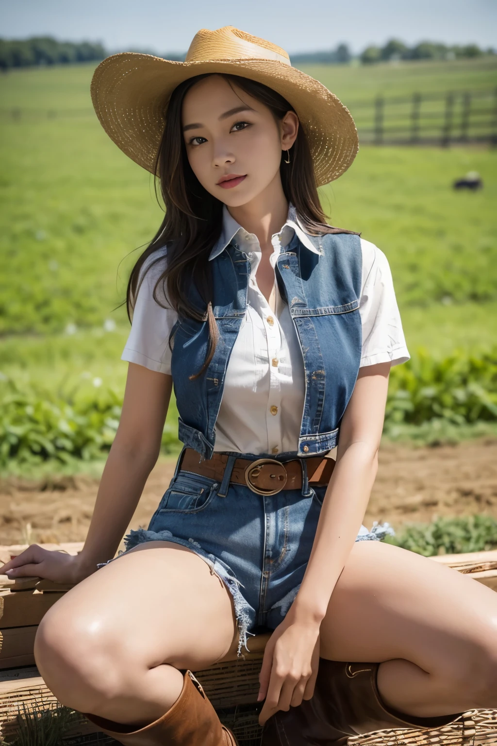 ((1 girl takes care of the farm))，(((cowgirl outfit))),(((Wear low-rise denim shorts and long western boots))),(((sit down and raise your knees))),(((wear a western hat))),(((wear a belt))),(((Wear a leather vest and a plaid front knot shirt))),(((Public area display))),ulzzang-6500-v1.1, (RAW photos:1.2), (Live photos:1.4), a beautiful detailed girl, Extremely detailed eyes and face, beautidful eyes, (((The background is the farm)))，(((dairy cattle)))，(((farm land)))，ultra - detailed, A high resolution, quality, tmasterpiece, The content is very detailed, 8k wallpaper, Wonderful, Detailed pubic hair, quality, There is light on the face,电影灯光,