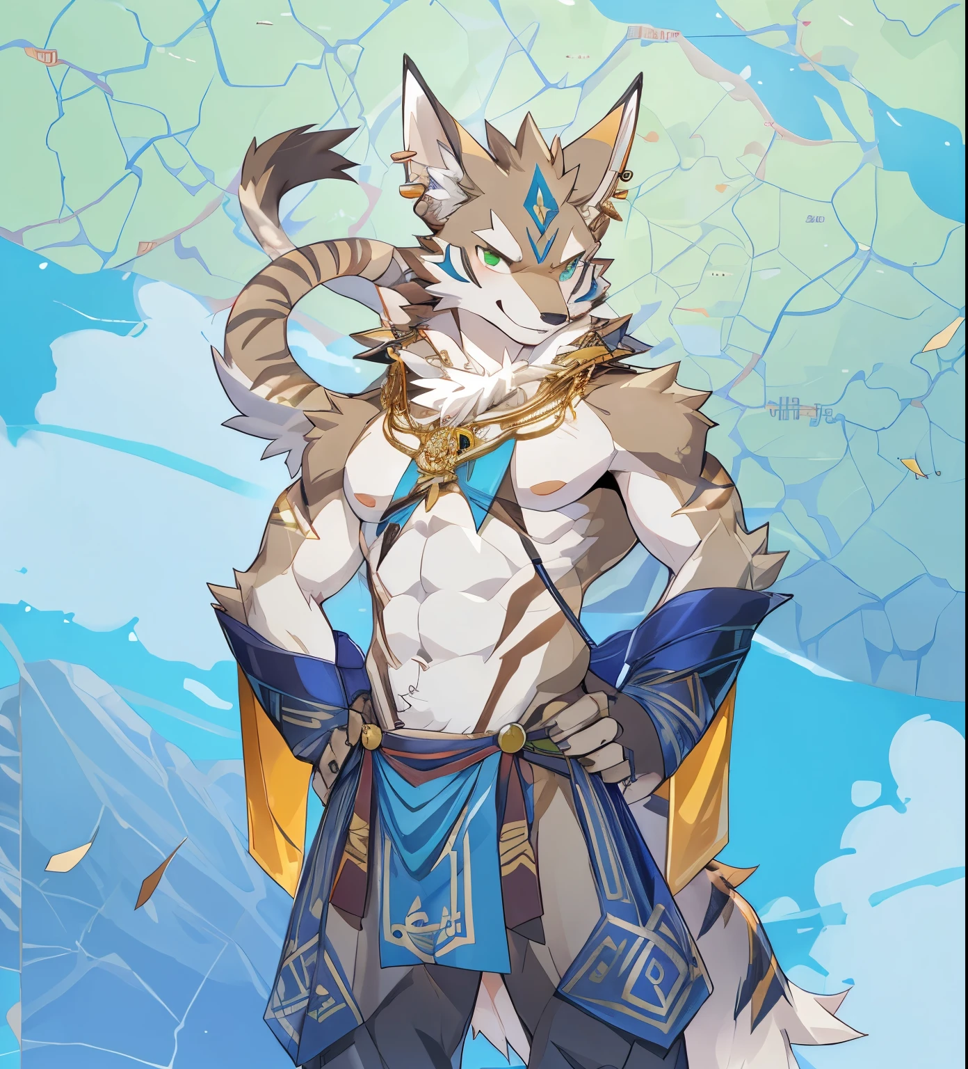 Seto (Tokyo After-School Summoners), Seto(Wandering Longing), Seth (it), Seto, Kazuma Koda, coyote, gold necklace, Gold jewelry, Ear piercing, wear a loincloth, Green Eye, Grey Body, white body, Brown Body, stripes, stripes 몸체, High Quality, 8K, High image quality, NSFW Works, pixiv, shadowy, A composition where the whole body is visible, The right ratio, skiny, Sexy, Sexy muscles, blush, Taking off my smile