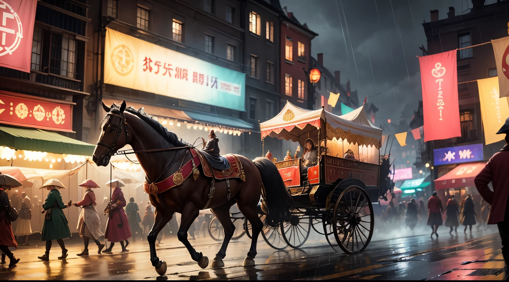 Cinematic shots of the bustling capital city during the grand festival. Vibrant banners sway in the wind, and stalls overflow with colorful treats. Queen Seraphina's carriage is caught in a sudden downpour, creating a contrast between the lively atmosphere and the unexpected challenge