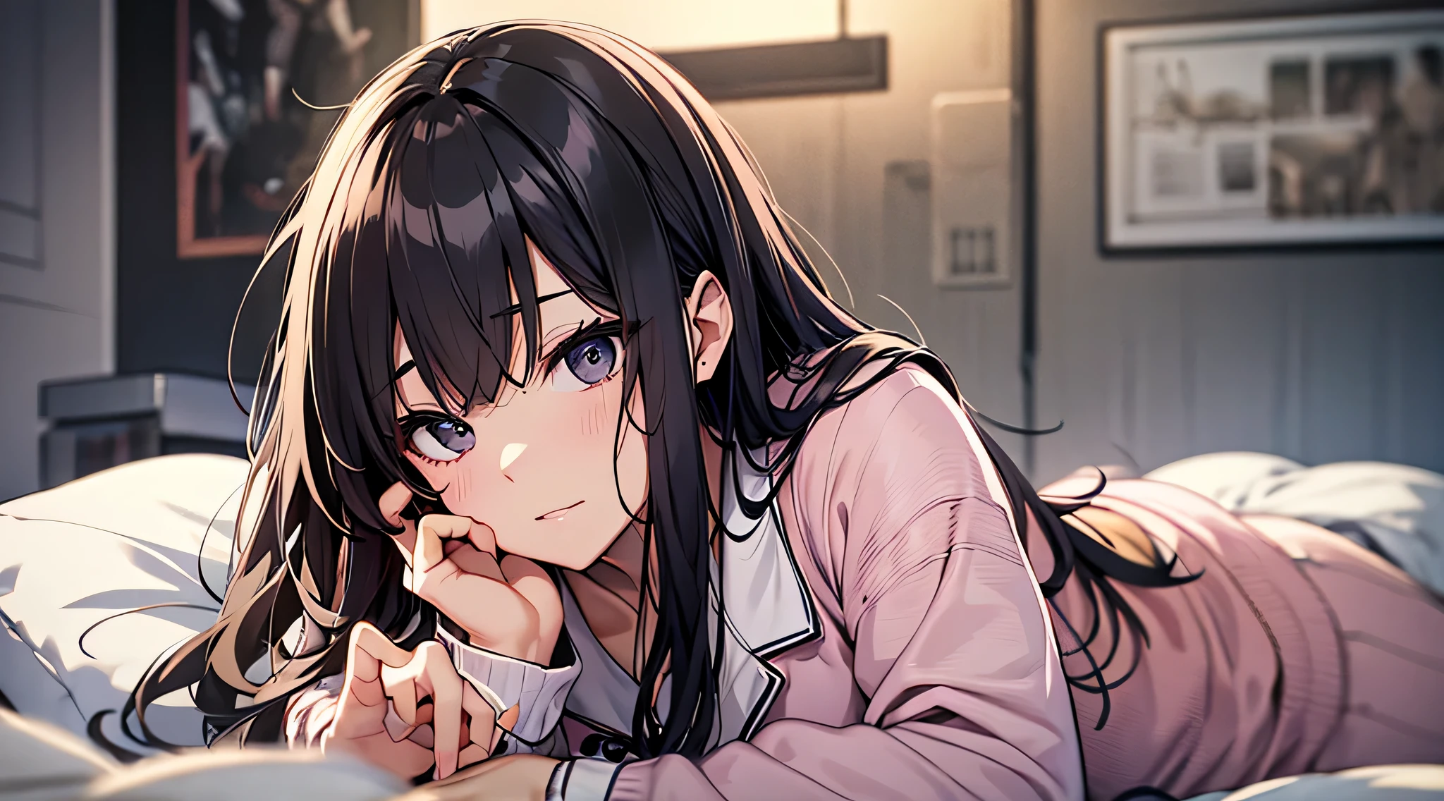 top-quality、Top image quality、masterpiece、Teenage girl((black pajamas with open buttons、18year old、 Ager、Best Bust、big bast,Black eyes, Black hair、A slender,Large valleys、Clean and clean、床futon beddingの上にいる、embarassed face、dye one's cheeks red、wonderment、Embarrassing pose)),hiquality、Beautiful Art、Background with((Nice and clean room.、futon bedding、animal stuffed、pink walls、Aroma diffuser))masterpiece、depth of fields,Cinematic style