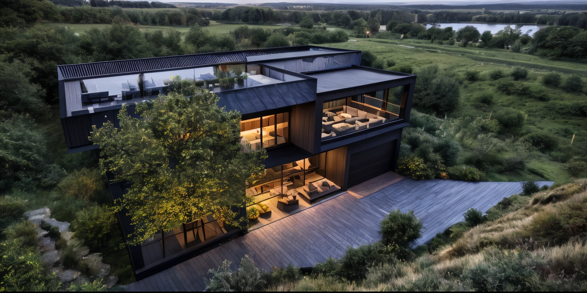 modern house, large yard, beautiful view, surrounding trees, (Single storey house planlat roofs,large windows,wood materials,concrete and glass,glass railings,surrounded by trees,lawn ,large sliding glass doors, large outdoor fireplace, beautiful flat roof, linear straight line, sunset light, neutral colored lights, beautiful, cloudy sky, landscape,plain terrain, RAW photo, subject, 8k uhd, dslr, soft lighting, high quality, film grain, Fujifilm XT3