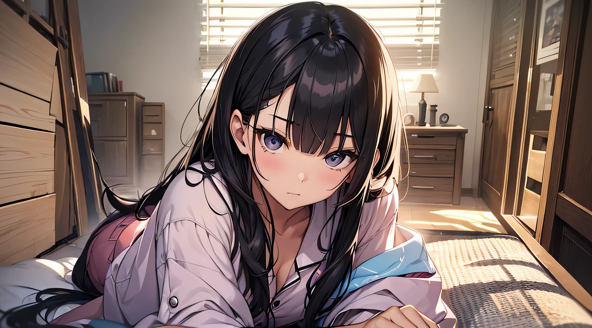 top-quality、Top image quality、​masterpiece、 girl((black pajamas with open buttons、18year old、 Ager、Best Bust、big bast,Black eyes, Black hair、A slender,Large valleys、Clean and clean、床futon beddingの上にいる、embarassed face、dye one's cheeks red、wonderment、Embarrassing pose)),hiquality、Beautiful Art、Background with((Nice and clean room.、futon bedding、animal stuffed、pink walls、Aroma diffuser))​masterpiece、depth of fields,Cinematic style