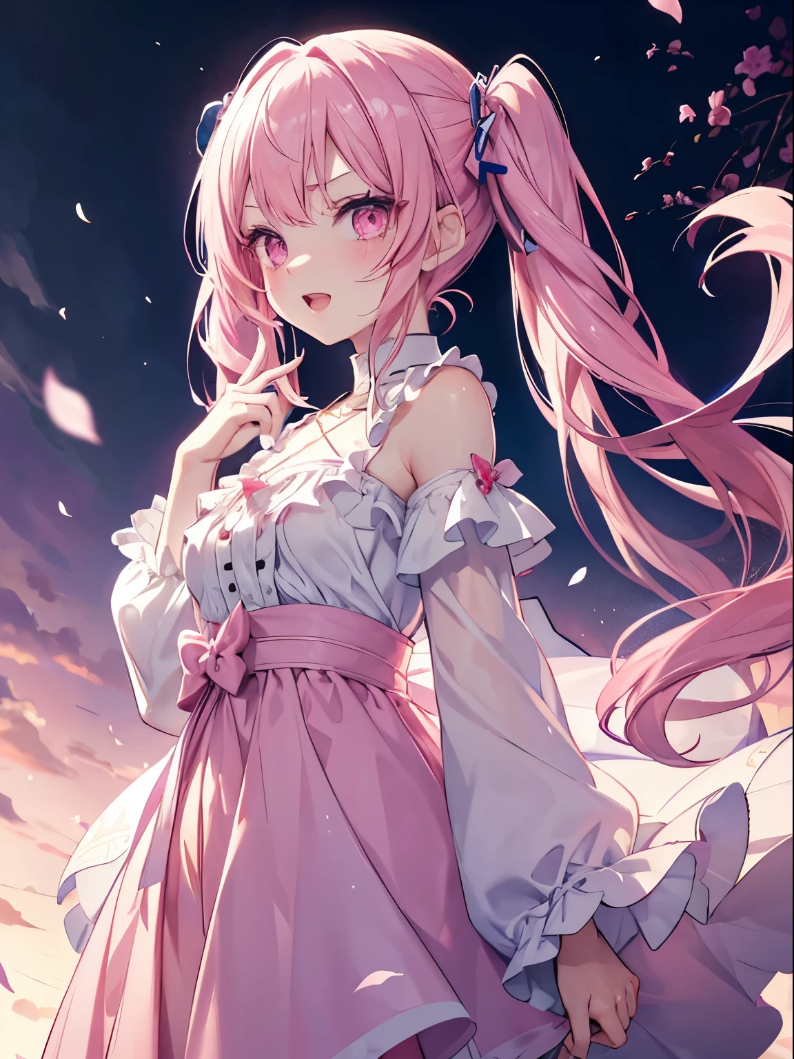 masutepiece, Highest Quality, (Perfect face:1.1), (high detailing:1.1), (ultradetailed eyes), Dramatic, superfine illustration, Extremely detailed,1girl in, (pale skin), Happy, Laugh, Enjoy, Cheerful,Open mouth,gloweyes,pinkhair, (long twintail),Ethereal eyes, pink eye,(light eyebrow),blush, Solo,Pouty lips,Cinematic lighting,Cowboy Shot, Looking at Viewer, Long sleeve,PINK Princess dress, wizard,magic,morning,from side