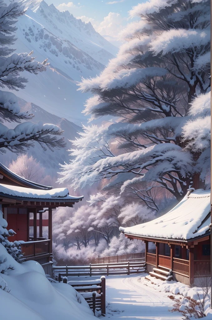 (Best Quality, 8K, masutepiece :1.3), snow mountains, Quiet snow-capped landscape, Breathtaking natural landscapes, Outside, traditional japanese building, quiet mountain resort, A quiet winter wonderland, Snow-covered peaks, Majestic beauty, pristine white snow,