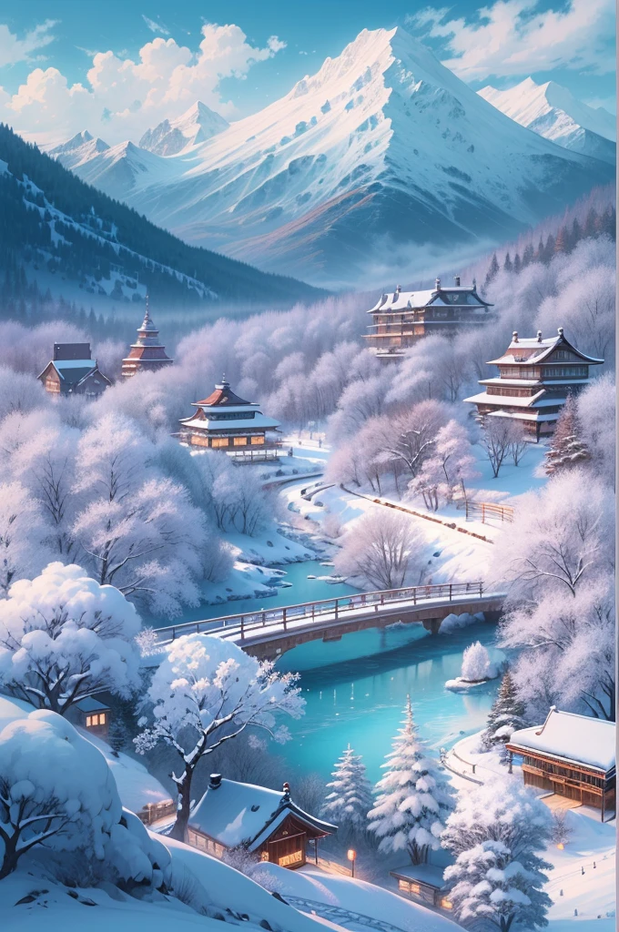 (Best Quality, 8K, masutepiece :1.3), snow mountains, Quiet snow-capped landscape, Breathtaking natural landscapes, Outside, traditional japanese building, quiet mountain resort, A quiet winter wonderland, Snow-covered peaks, Majestic beauty, pristine white snow,