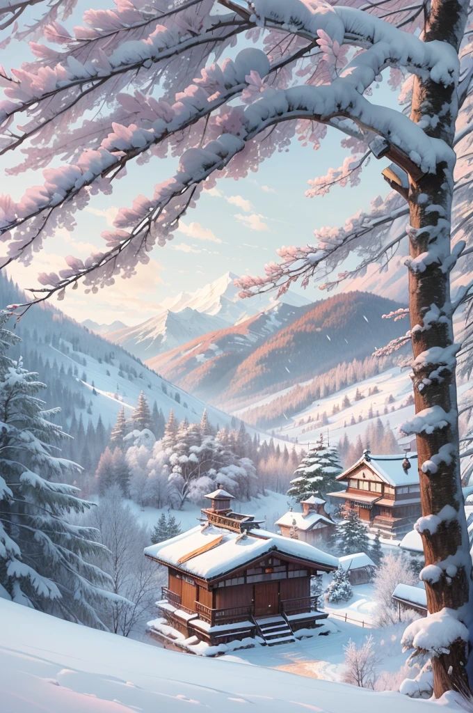 (Best Quality, 8K, masutepiece :1.3), snow mountains, Quiet snow-capped landscape, Breathtaking natural landscapes, Outside, traditional japanese building, quiet mountain resort, A quiet winter wonderland, Snow-covered peaks, Majestic beauty, pristine white snow,