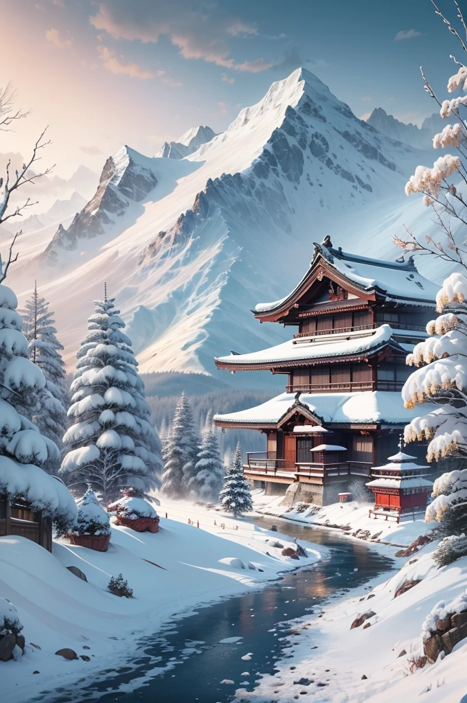(Best Quality, 8K, masutepiece :1.3), snow mountains, Quiet snow-capped landscape, Breathtaking natural landscapes, Outside, traditional japanese building, quiet mountain resort, A quiet winter wonderland, Snow-covered peaks, Majestic beauty, pristine white snow,