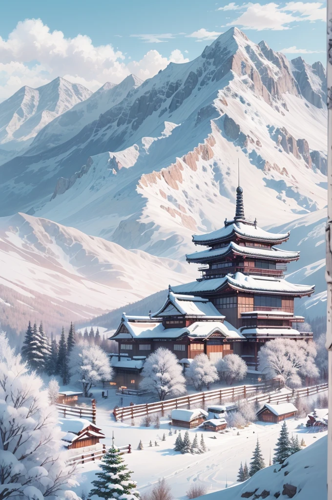 (Best Quality, 8K, masutepiece :1.3), snow mountains, Quiet snow-capped landscape, Breathtaking natural landscapes, Outside, traditional japanese building, quiet mountain resort, A quiet winter wonderland, Snow-covered peaks, Majestic beauty, pristine white snow,