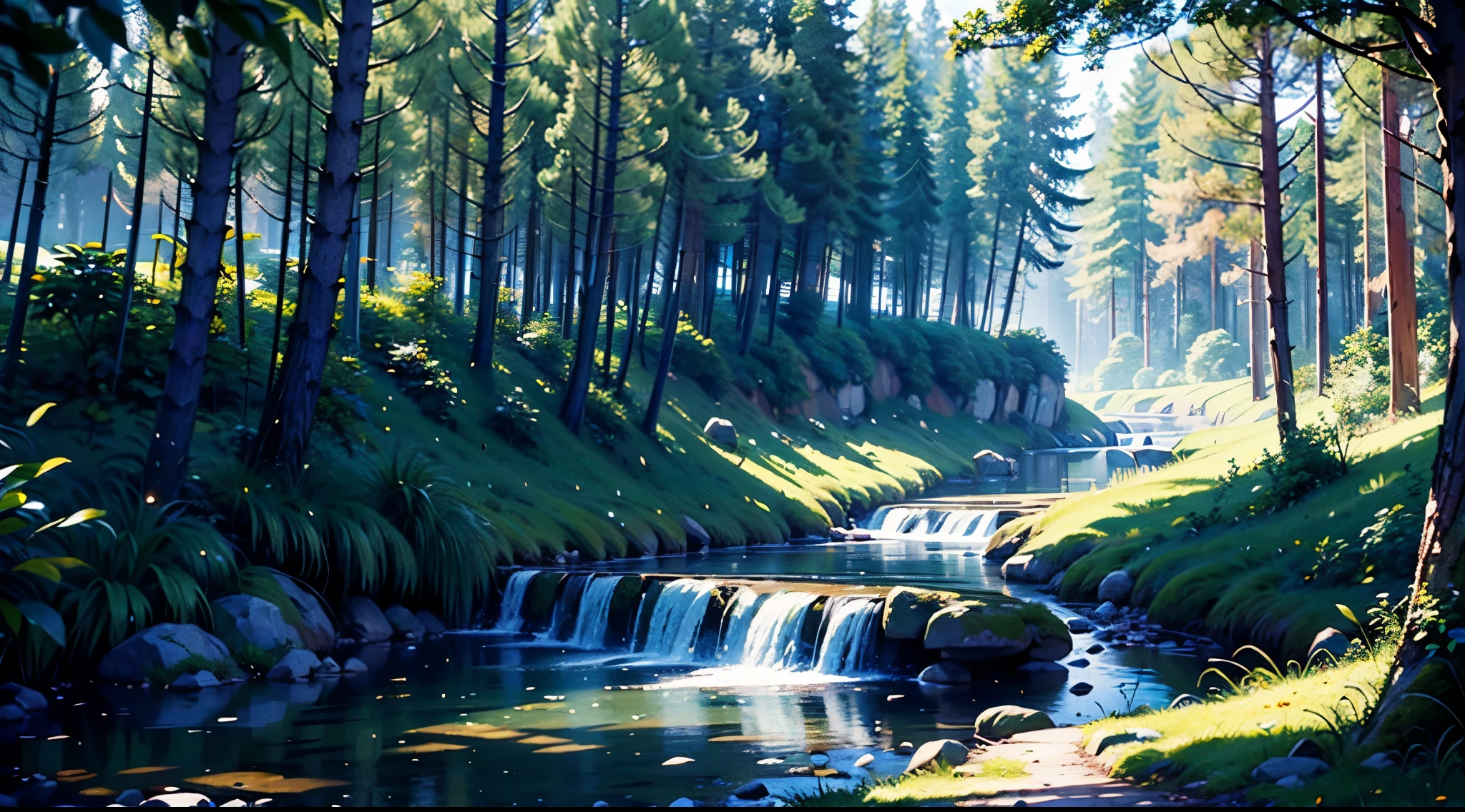 Best Quality、masutepiece、8K、Landscape painting、(Broken shrine、canny)、musgo:1.5、the woods、a river