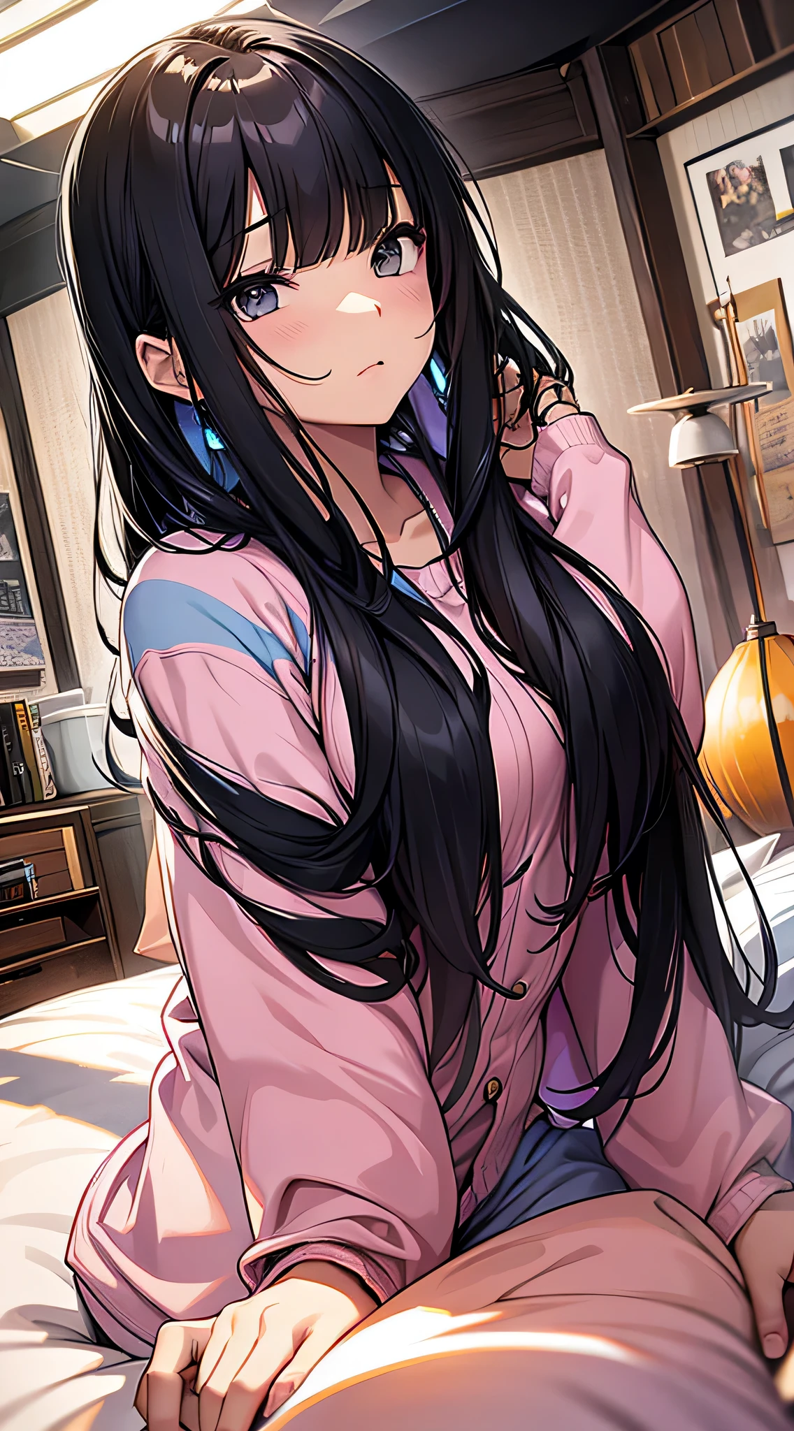 top-quality、Top image quality、masterpiece、Teenage girl((black pajamas with open buttons、18year old、 Ager、Best Bust、big bast,Black eyes, Black hair、A slender,Large valleys、Clean and clean、床futon beddingの上にいる、embarassed face、dye one's cheeks red、wonderment、Embarrassing pose)),hiquality、Beautiful Art、Background with((Nice and clean room.、futon bedding、animal stuffed、pink walls、Aroma diffuser))masterpiece、depth of fields,Cinematic style