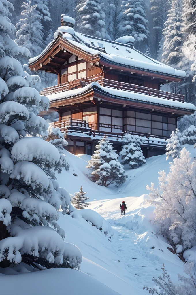 (Best Quality, 8K, masutepiece :1.3), snow mountains, Quiet snow-capped landscape, Breathtaking natural landscapes, Outside, traditional japanese building, quiet mountain resort, A quiet winter wonderland, Snow-covered peaks, Majestic beauty, pristine white snow,