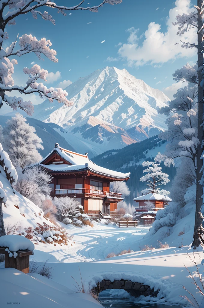 (Best Quality, 8K, masutepiece :1.3), snow mountains, Quiet snow-capped landscape, Breathtaking natural landscapes, Outside, traditional japanese building, quiet mountain resort, A quiet winter wonderland, Snow-covered peaks, Majestic beauty, pristine white snow,