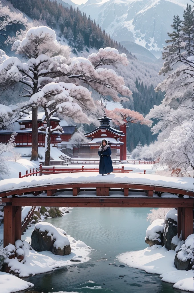 (Best Quality, 8K, masutepiece :1.3), snow mountains, Quiet snow-capped landscape, Breathtaking natural landscapes, Outside, traditional japanese building, quiet mountain resort, A quiet winter wonderland, Snow-covered peaks, Majestic beauty, pristine white snow,