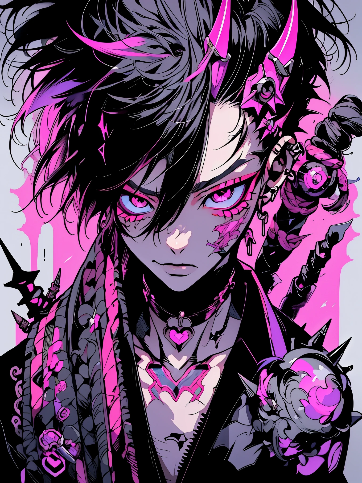 A samurai animé style tatoo of gothic male, drop cyber with vibrant Colors and a reference to my diabetic condition like a needle for exemple, punk spikes on wrist, futuristic half cyborg, Korean , only facing front,