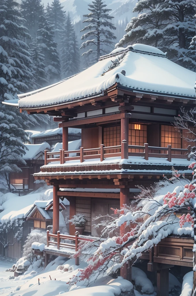 (Best Quality, 8K, masutepiece :1.3), snow mountains, Quiet snow-capped landscape, Breathtaking natural landscapes, Outside, traditional japanese building, quiet mountain resort, A quiet winter wonderland, Snow-covered peaks, Majestic beauty, pristine white snow,