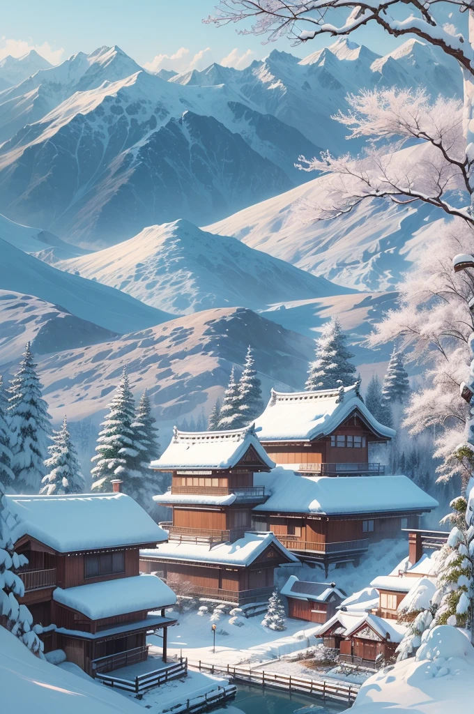 (Best Quality, 8K, masutepiece :1.3), snow mountains, Quiet snow-capped landscape, Breathtaking natural landscapes, Outside, traditional japanese building, quiet mountain resort, A quiet winter wonderland, Snow-covered peaks, Majestic beauty, pristine white snow,