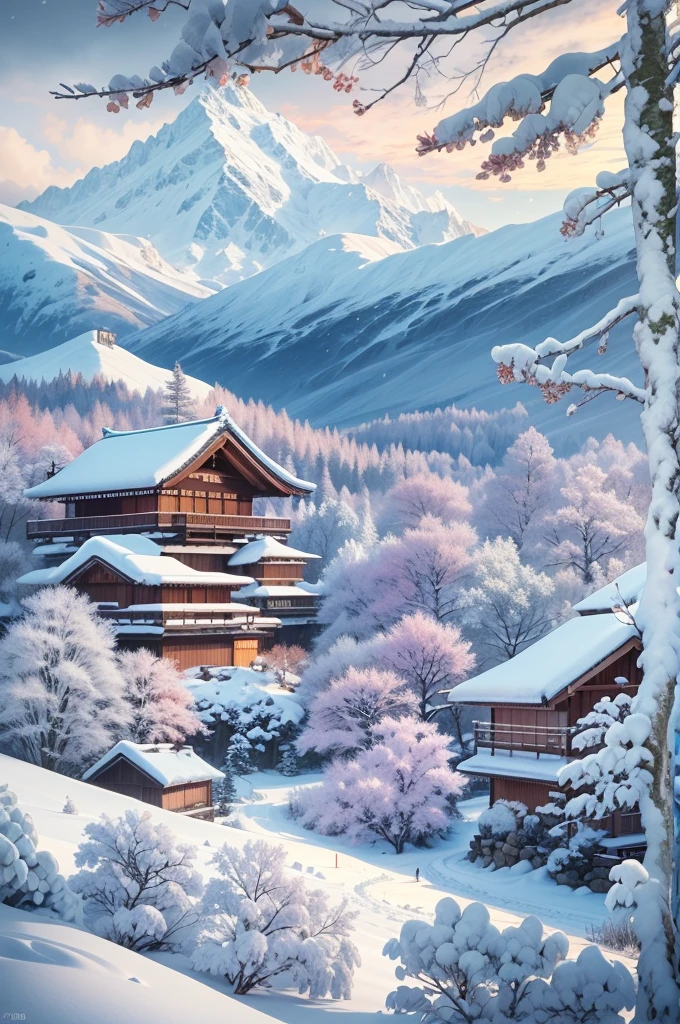 (Best Quality, 8K, masutepiece :1.3), snow mountains, Quiet snow-capped landscape, Breathtaking natural landscapes, Outside, traditional japanese building, quiet mountain resort, A quiet winter wonderland, Snow-covered peaks, Majestic beauty, pristine white snow,
