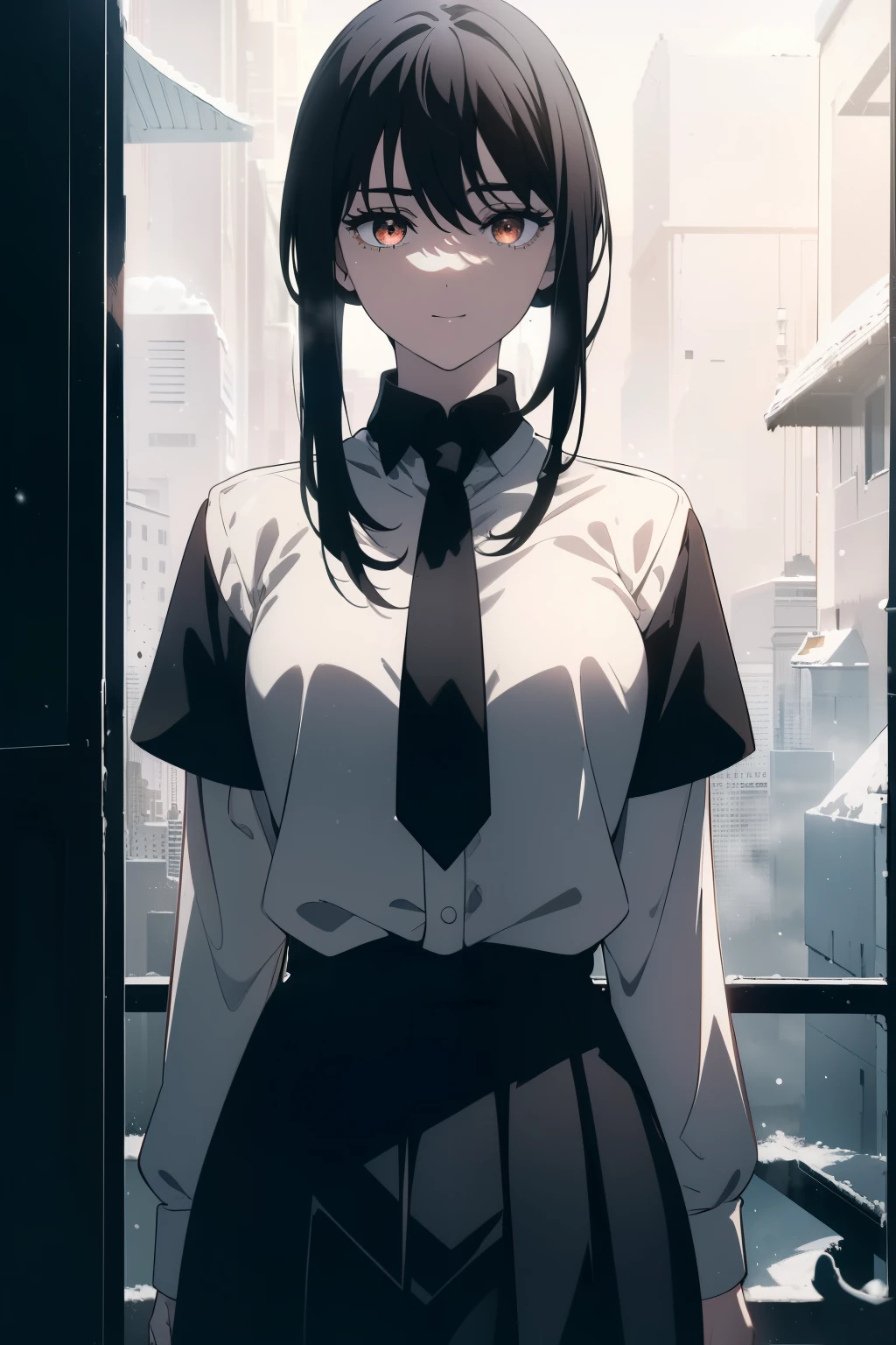 (Obra maestra, La mejor calidad, ultrahigh resolution), 1girl, standing, school uniform, white office shirt, black pleated skirt, (((black hair, dark black hair))), long hair cut, pale skin, ((brown eyes)), glowing_eyes, neon eyes, (ultra detailed eyes:0.7, beautiful and detailed face, detailed eyes:0.9), ((centered)), smile, facing viewer, eye level, ((vibrant background, snowy landscape, cityscape, snowing, snow)), flat chested, looking at viewer, ((half closed eyes)), ((perfect hands)), (((head:1, arms, hips, elbows, in view))), ((hands behind back)), empty eyes, beautiful lighting, outside, outdoors, background, defined subject, 25 years old, (head tilt)