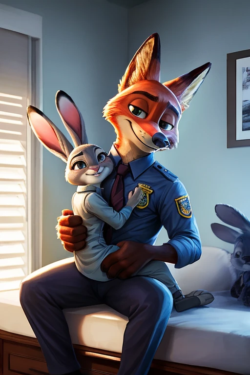 couple, nick wilde and judy hopps, male and female, both cop clothes, size difference, small body, bunny ears, holding on lap, photo, smile, full body, realistic, best shadows, natural lights, room, raw hdr