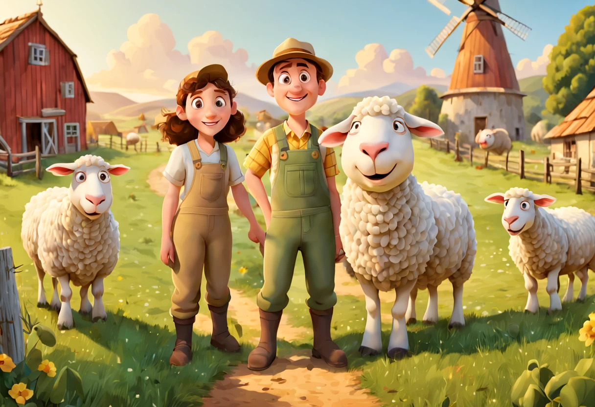 there are three people on the farm with a sheep and a windmill, farm background, on a farm, outside on a farm, storybook illustration, villagers busy farming, farmland, children's book illustration, cartoon style illustration, cartoon illustration, wearing a farm clothes, agricultural field background,(cartoon pixar style)