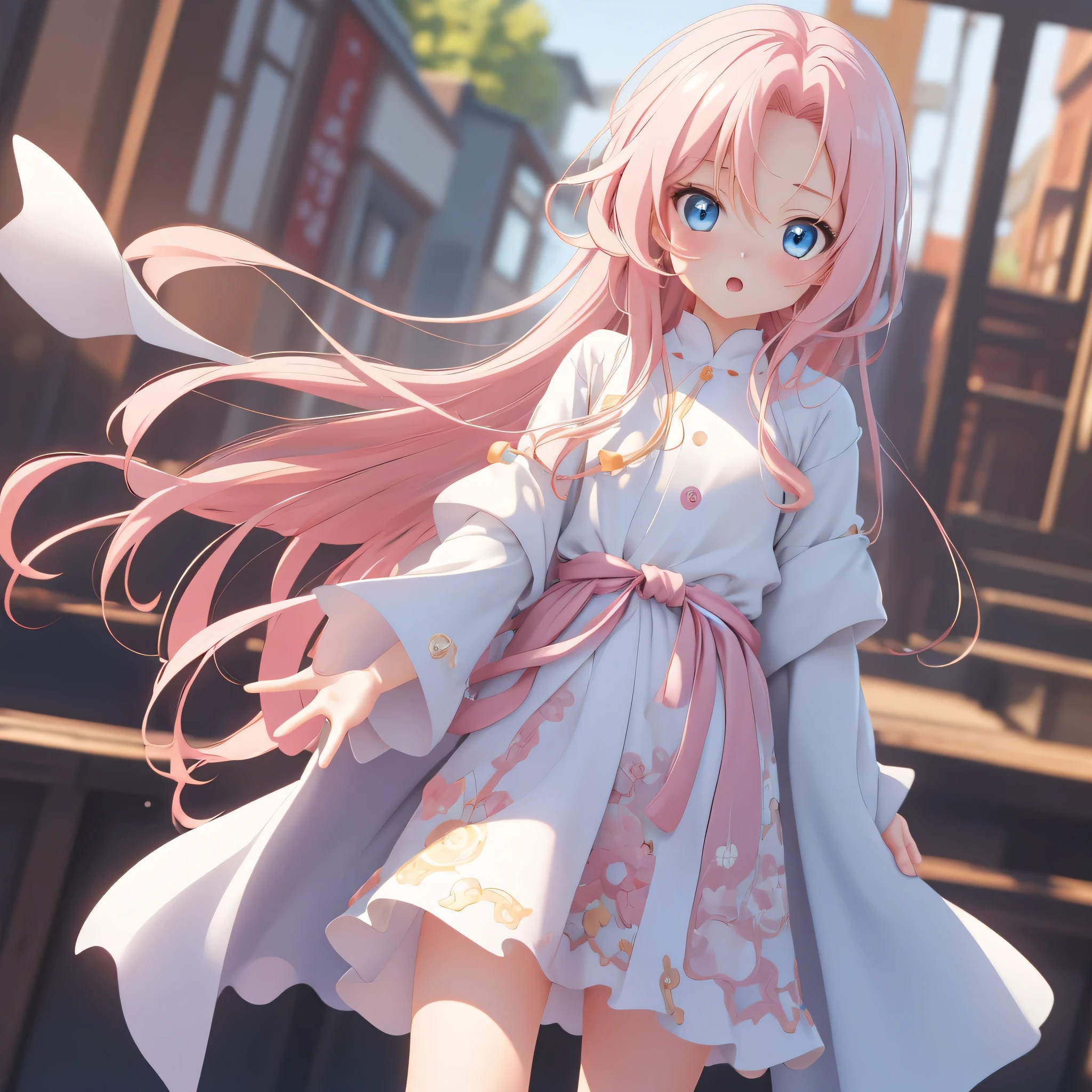 (nice，4K，A high resolution，masterpiece：1.2), Chibi, 1个Giant Breast Girl, light pink colored hair, long whitr hair, curled, Delicate eyes and delicate face, Perfect blue eyes ,Elongated eyes, white  shirt, Denim skirt, Personal photo, sporty attire, A set of exclusive image illustrations for stickers, Chibi風格 ,Guwitz, style of anime, look at a camera , closeup of face