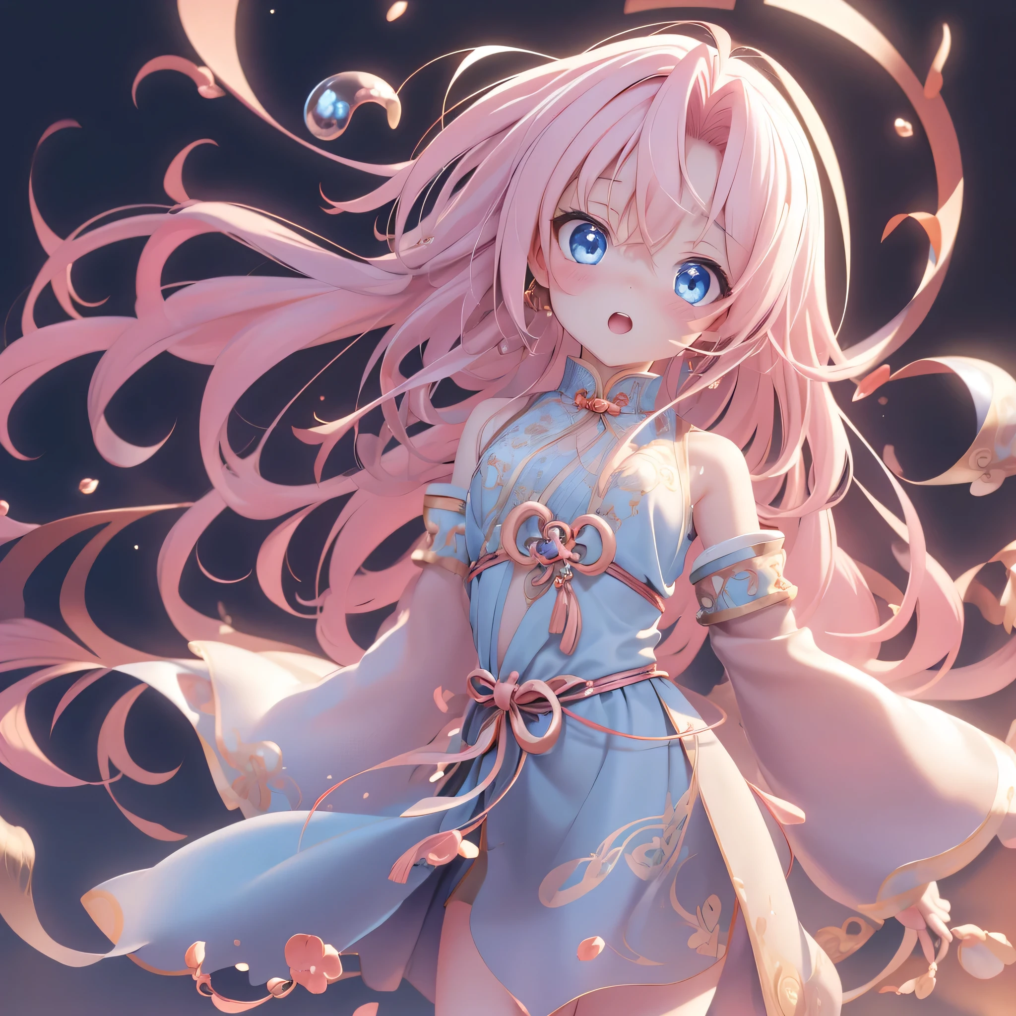 (nice，4K，A high resolution，masterpiece：1.2), Chibi, 1个Giant Breast Girl, light pink colored hair, long whitr hair, curled, Delicate eyes and delicate face, Perfect blue eyes ,Elongated eyes, white  shirt, Denim skirt, Personal photo, sporty attire, A set of exclusive image illustrations for stickers, Chibi風格 ,Guwitz, style of anime, look at a camera , closeup of face