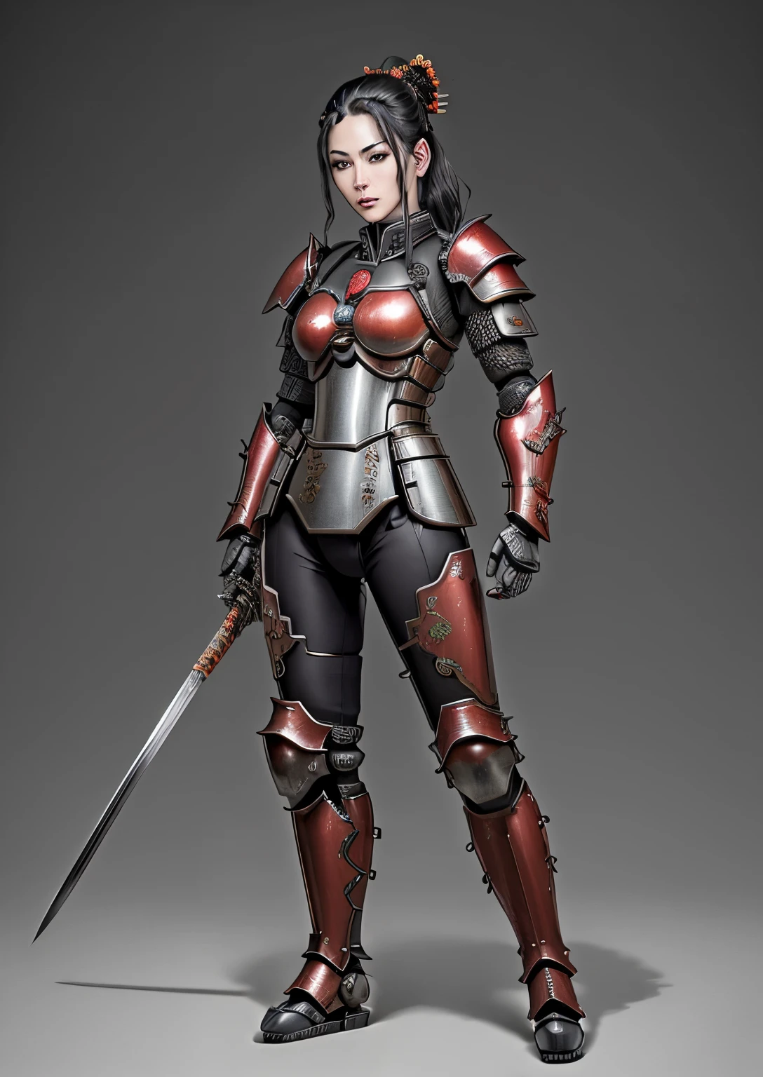 Momotaro, Cyberpunk, (Japan Katana, Samurai), 1linda garota, seios grandes, seios fartos, , erotic, nu, Wakame, ((mechanical armor)), campo de batalha, noite, best quality, Melhor obra-prima, High definition, 16k,