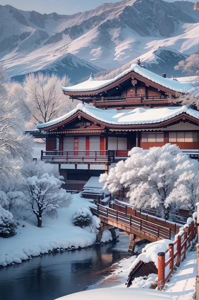 (Best Quality, 8K, masutepiece :1.3), snow mountains, Quiet snow-capped landscape, Breathtaking natural landscapes, Outside, traditional japanese building, quiet mountain resort, A quiet winter wonderland, Snow-covered peaks, Majestic beauty, pristine white snow,