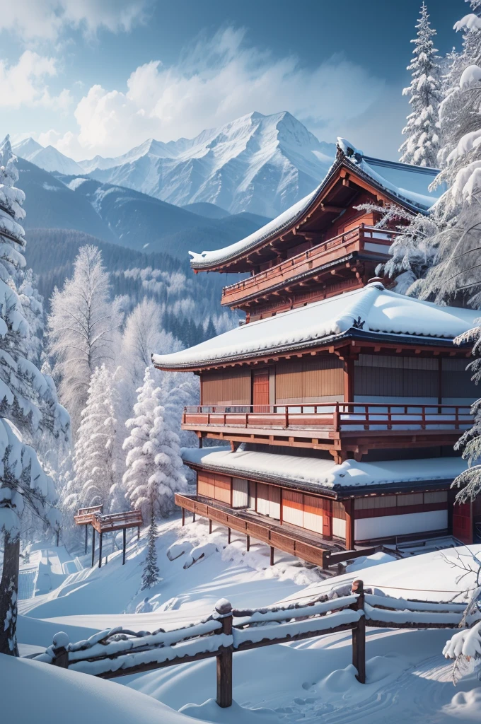 (Best Quality, 8K, masutepiece :1.3), snow mountains, Quiet snow-capped landscape, Breathtaking natural landscapes, Outside, traditional japanese building, quiet mountain resort, A quiet winter wonderland, Snow-covered peaks, Majestic beauty, pristine white snow,