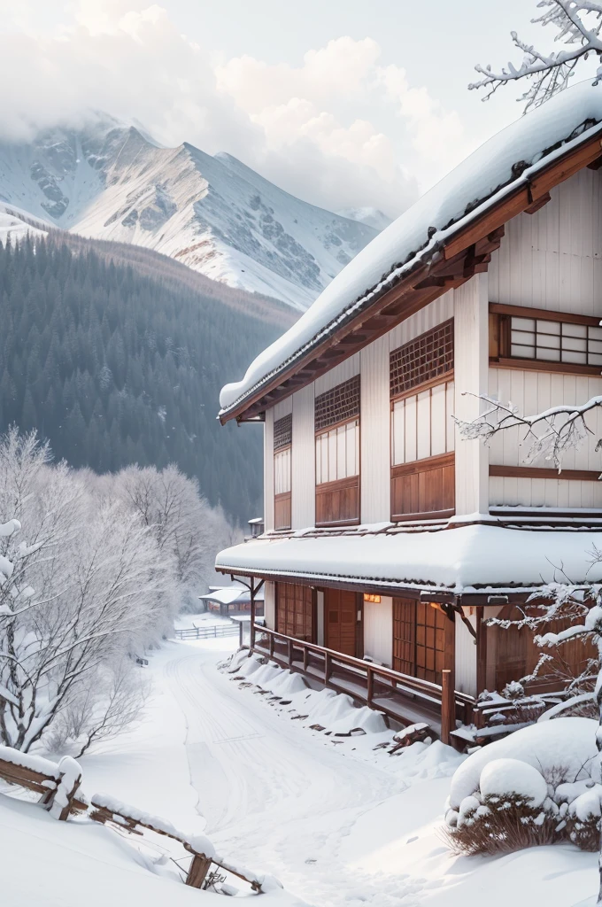 (Best Quality, 8K, masutepiece :1.3), snow mountains, Quiet snow-capped landscape, Breathtaking natural landscapes, Outside, traditional japanese building, quiet mountain resort, A quiet winter wonderland, Snow-covered peaks, Majestic beauty, pristine white snow,