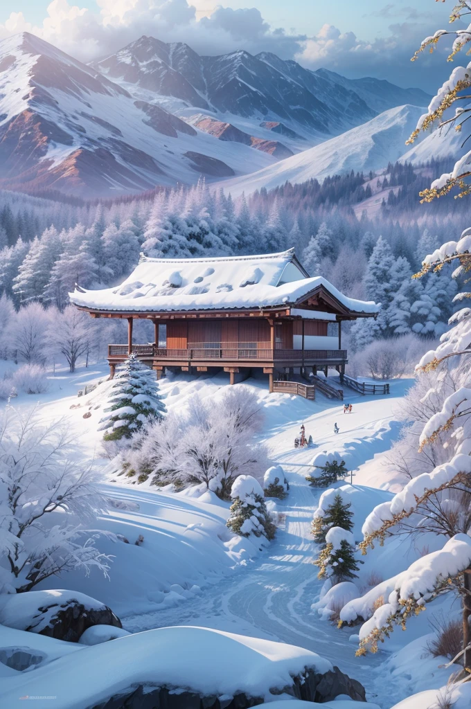 (Best Quality, 8K, masutepiece :1.3), snow mountains, Quiet snow-capped landscape, Breathtaking natural landscapes, Outside, traditional japanese building, quiet mountain resort, A quiet winter wonderland, Snow-covered peaks, Majestic beauty, pristine white snow,