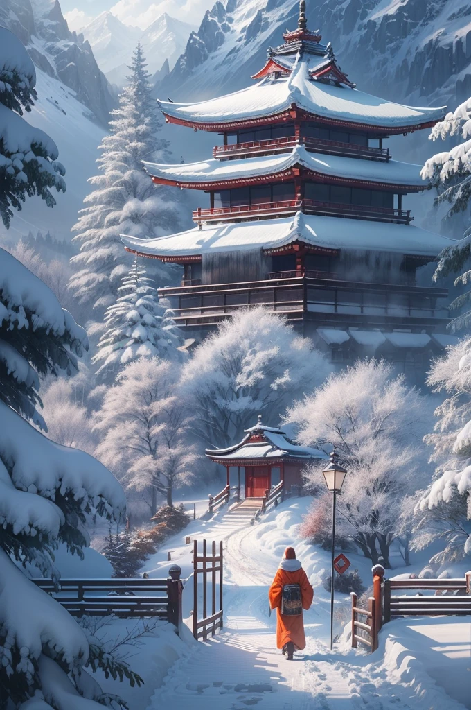 (Best Quality, 8K, masutepiece :1.3), snow mountains, Quiet snow-capped landscape, Breathtaking natural landscapes, Outside, traditional japanese building, quiet mountain resort, A quiet winter wonderland, Snow-covered peaks, Majestic beauty, pristine white snow,