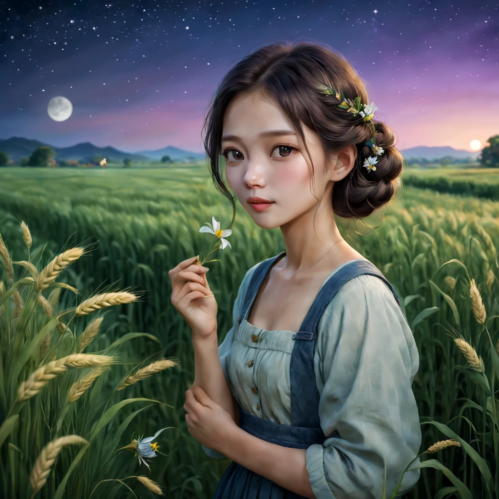 magnificent landscape painting,the night,Farm life,Girl with a flower in her hairm scene,naturey,green colorm house,Tano,cropper,flourishing,abundance,lavoura,Tools,Industrious farmer,abundance的水果和蔬菜,Farm animals eating grass with satisfaction,picturesque countryside,peacful,peacful,satisfy,satisfy,moonlit sky,grass swaying in the breeze,Stars twinkle overhead,Fireflies are flying around,Night wind whispers,peacful而田园的环境,Subtle blue-violet tones,Subtle warm colors,Ethereal and dreamy atmosphere,A faint floral scent,Farmland stretches into the distance,Wheat fields sway gently,night adventure,Magical and charming atmosphere。(best quality,4k,8k,highres,masterpiece:1.2),ultra-detailed,(realistic,photorealistic,photo-realistic:1.37),