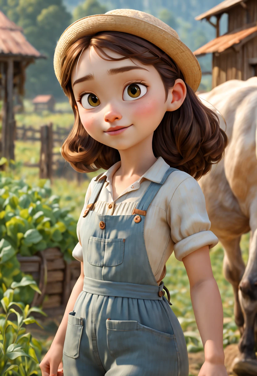 (best quality, 4k, 8k, high resolution, masterpiece: 1.2), ultra detailed, (realistic, photorealistic, photorealistic: 1.37), intricate details, Disney cartoon style, a beautiful girl, farmer's clothes, atmosphere of farm