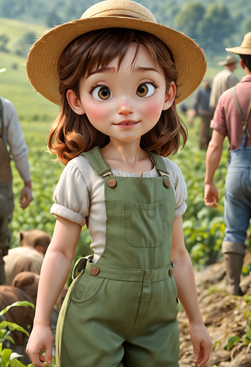 (best quality, 4k, 8k, high resolution, masterpiece: 1.2), ultra detailed, (realistic, photorealistic, photorealistic: 1.37), intricate details, Disney cartoon style, a beautiful girl, farmer's clothes, atmosphere of farm