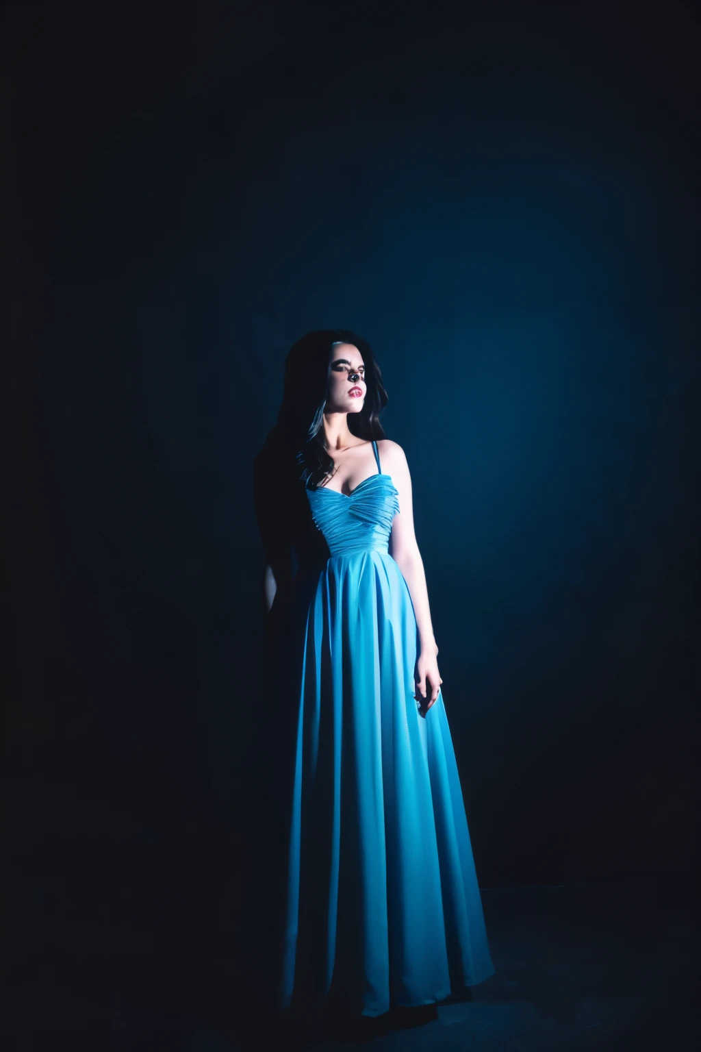 A woman in a blue dress in a dark atmosphere