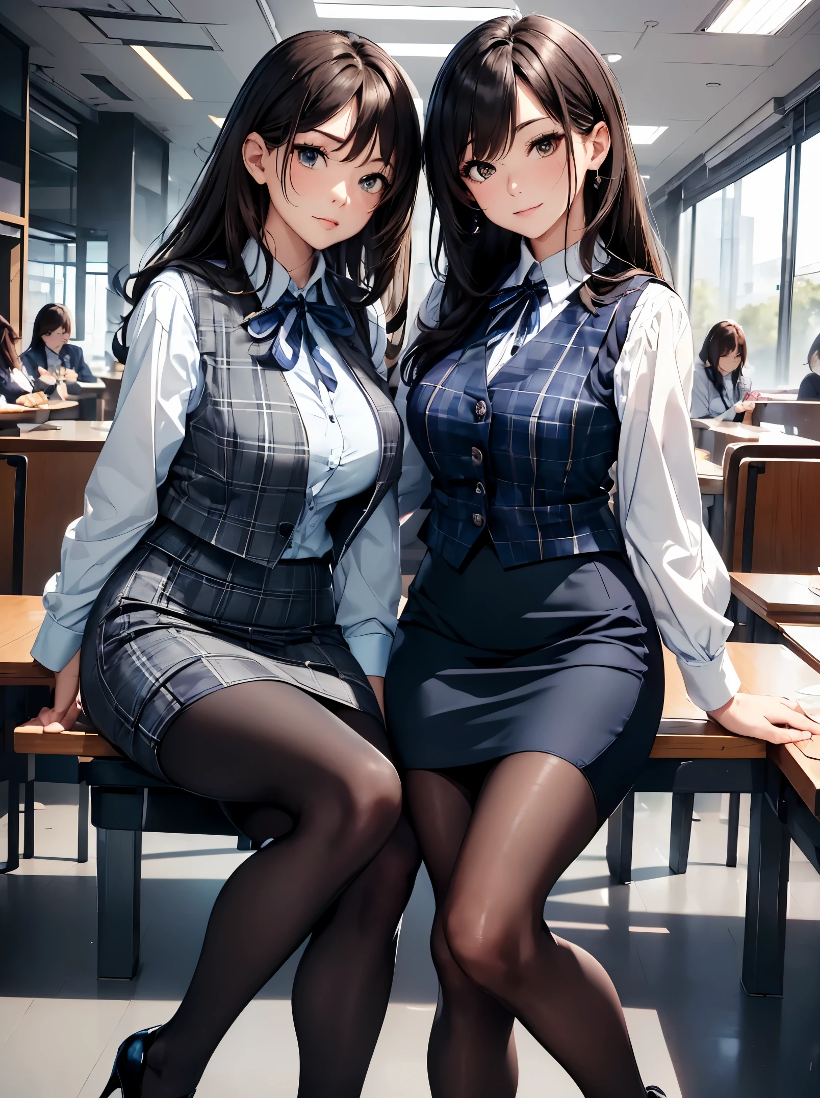 Best Quality, masutepiece, beautiful mature women、Beautiful face、Strong-minded woman、Officelady、(Officelady、navy blue plaid vest、Dark blue ribbon、White cutter shirt、tight black pencil skirt、Black tights、high-heels:1.5)、(brown haired、Bangs are asymmetrical)、Longhaire、(((Lunch together:1.5)))、BREAK(Lunch together:1.3)