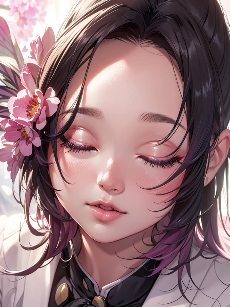 (masterpiece, best quality), 8K, high detail, overhead shot, ((extreme close-up)), face waiting for kiss, eyes closed, 1girl, open mouth, eyelash extension, pink cheek, (thick lips), black hair,