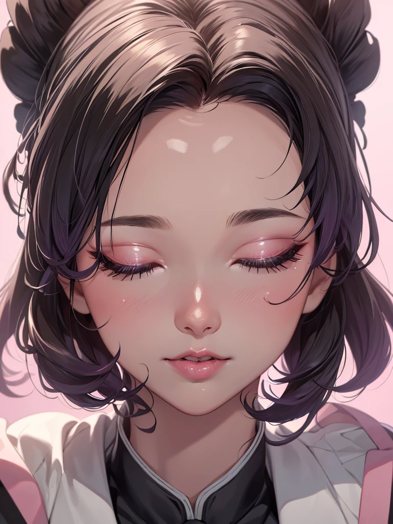 (masterpiece, best quality), 8K, high detail, overhead shot, ((extreme close-up)), face waiting for kiss, eyes closed, 1girl, open mouth, eyelash extension, pink cheek, (thick lips), black hair,
