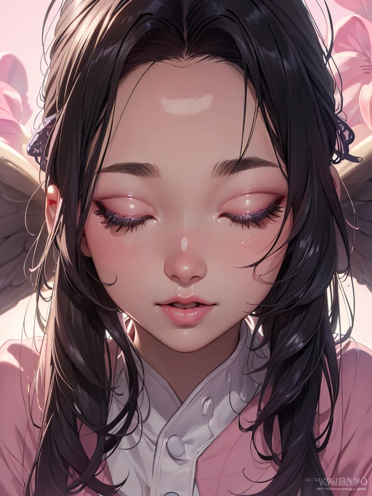 (masterpiece, best quality), 8K, high detail, overhead shot, ((extreme close-up)), face waiting for kiss, eyes closed, 1girl, open mouth, eyelash extension, pink cheek, (thick lips), black hair,