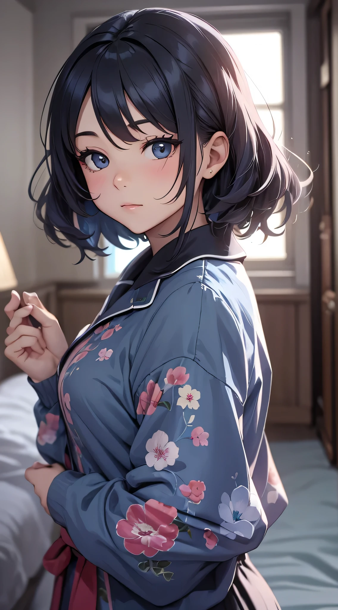 top-quality、Top image quality、​masterpiece、Teenage girl((black pajamas with open buttons、18year old、 Ager、Best Bust、big bast,Black eyes, Black hair、A slender,Large valleys、Clean and clean、床futon beddingの上にいる、embarassed face、dye one's cheeks red、wonderment、Embarrassing pose)),hiquality、Beautiful Art、Background with((Nice and clean room.、futon bedding、animal stuffed、pink walls、Aroma diffuser))​masterpiece、depth of fields,Cinematic style