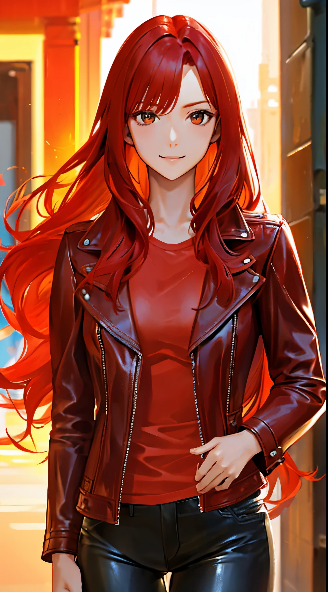 red-haired girl, long hair, tall and slim, aloof, beautiful, leather jacket, leather pants, best quality, ultra-detailed, realistic, vivid colors, warm color tones, soft lighting, portraits