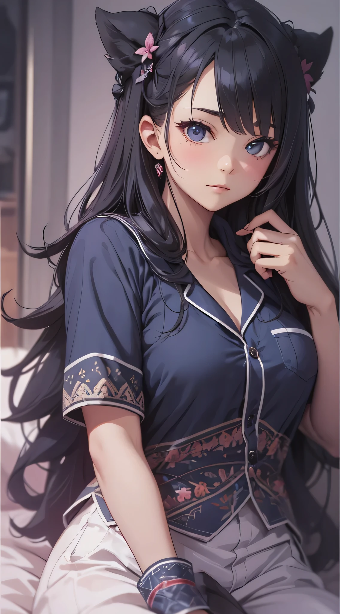 top-quality、Top image quality、masterpiece、Teenage girl((black pajamas with open buttons、18year old、 Ager、Best Bust、big bast,Black eyes, Black hair、A slender,Large valleys、Clean and clean、床futon beddingの上にいる、embarassed face、dye one's cheeks red、wonderment、Embarrassing pose)),hiquality、Beautiful Art、Background with((Nice and clean room.、futon bedding、animal stuffed、pink walls、Aroma diffuser))masterpiece、depth of fields,Cinematic style