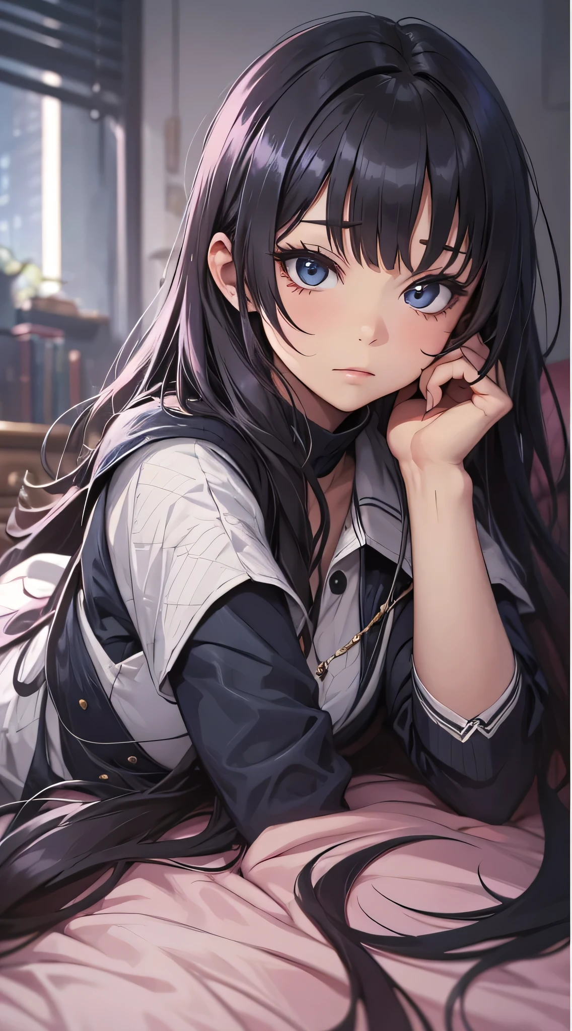 top-quality、Top image quality、masterpiece、Teenage girl((black pajamas with open buttons、18year old、 Ager、Best Bust、big bast,Black eyes, Black hair、A slender,Large valleys、Clean and clean、床futon beddingの上にいる、embarassed face、dye one's cheeks red、wonderment、Embarrassing pose)),hiquality、Beautiful Art、Background with((Nice and clean room.、futon bedding、animal stuffed、pink walls、Aroma diffuser))masterpiece、depth of fields,Cinematic style
