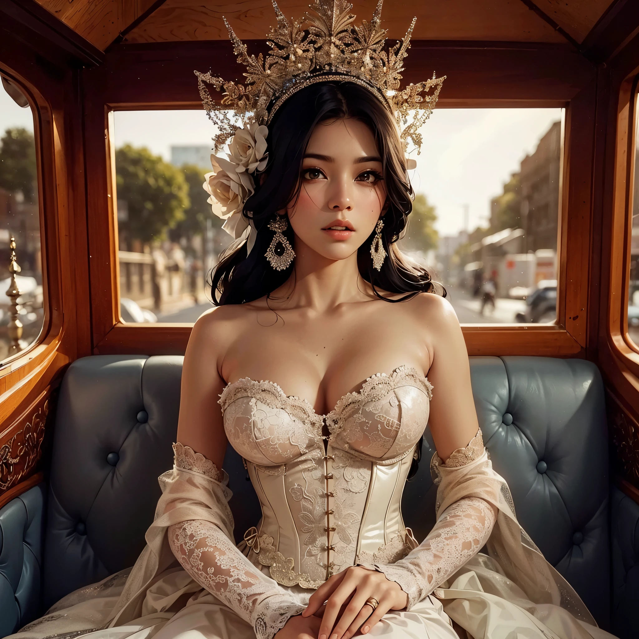 generate indonesian girl with gigantic boobs:1,9, wearing luxury bustier corset and cream color tight kebaya, tight batik long skirt, cross her hands at belly, slim waist, beautifull hand, beautifull fingers, beautifull lips, beautifull legs, sit inside carriage, masterpiece, hyperdetail, beautifull sunset, ambient effect, 8k, raw image, full body photoshoot, professional model, sharp eyes, lens glare, solo, 1girl, masterpiece, best quality:1.2),,(8k,highres,RAW photo,realistic,photo-realistic:1.3),(detailed skin texture,detailed cloth texture,beautiful detailed face:1.25),professional lighting,photon mapping,beautiful soft light,radiosity,physically-based rendering,raytracing, model shoot style, model shoot style, (extremely detailed CG unity 8k wallpaper), full shot body photo of the most beautiful artwork in the world, (((NSFW))), (((nude))), (completly naked))), ((nipples))
