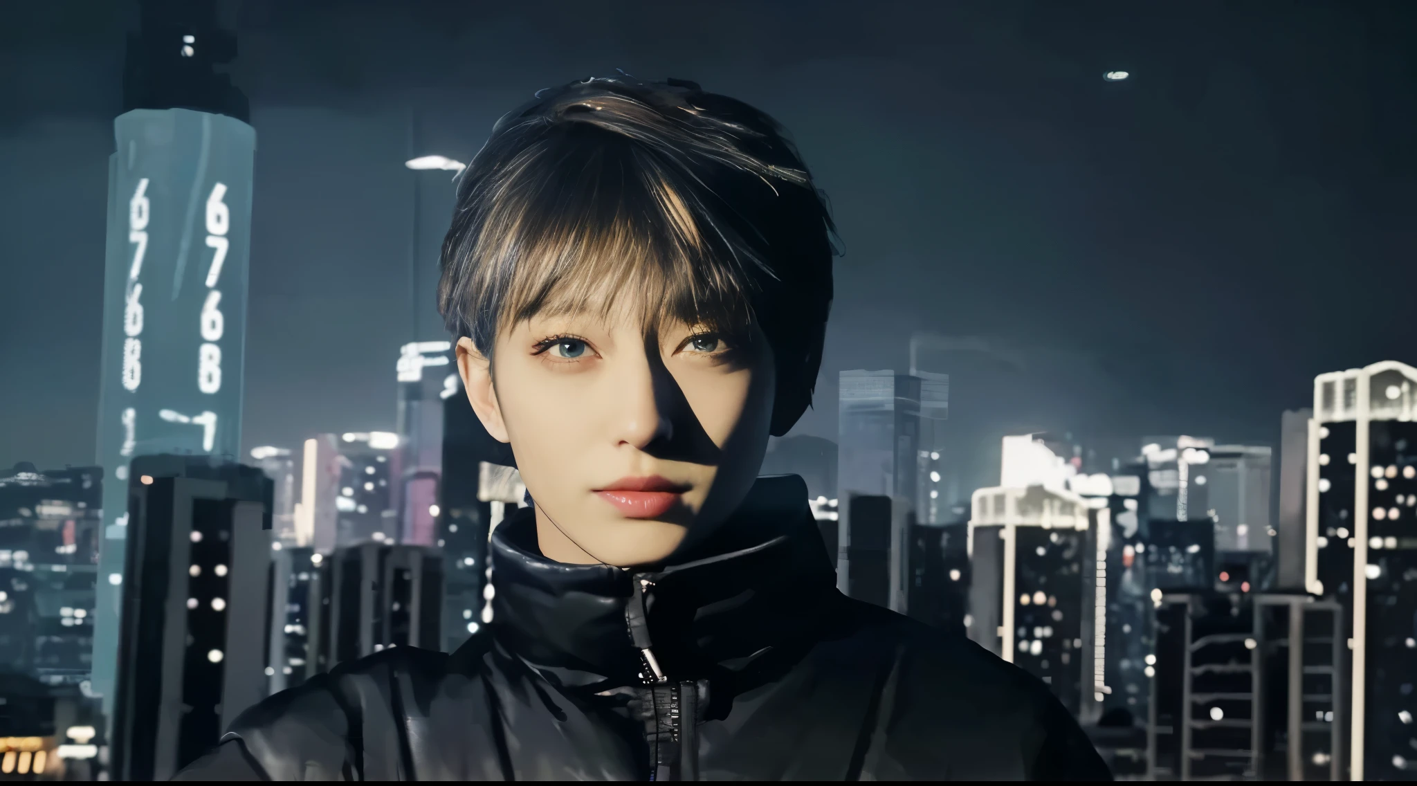 {Libido boy},Handsome face,beautidful eyes,neonlight装饰,((Leather tech jacket)),Exquisite Hair,brunette color hair,scientific fiction,cyberpunk city in background,Cyberpunk 2077 style,Ultra Realistic Photo,tmasterpiece,best qualtiy,CG,the wallpaper,HDR,high qulity, k hd,The is very detailed,{beautifull detailed face},{beatiful detailed eyes},(detailedlight){{Complicated details}},{A high resolution},((详细的脸)),neonlight,lightand shade contrast,Critical vision,Complicated details,highly detailreath-taking,with dynamism,cinematic ligh