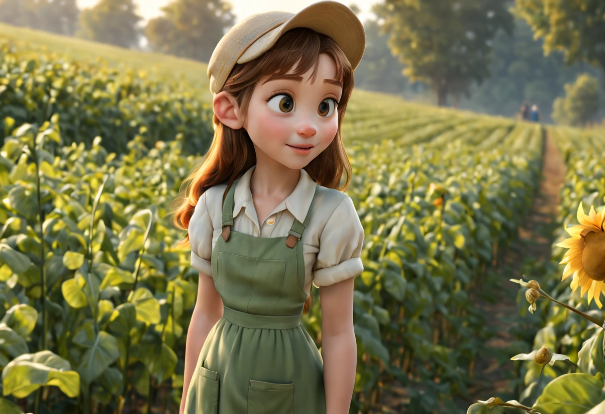 (best quality, 4k, 8k, high resolution, masterpiece: 1.2), ultra detailed, (realistic, photorealistic, photorealistic: 1.37), intricate details, Disney cartoon style, a beautiful girl, farmer's clothes, atmosphere of farm