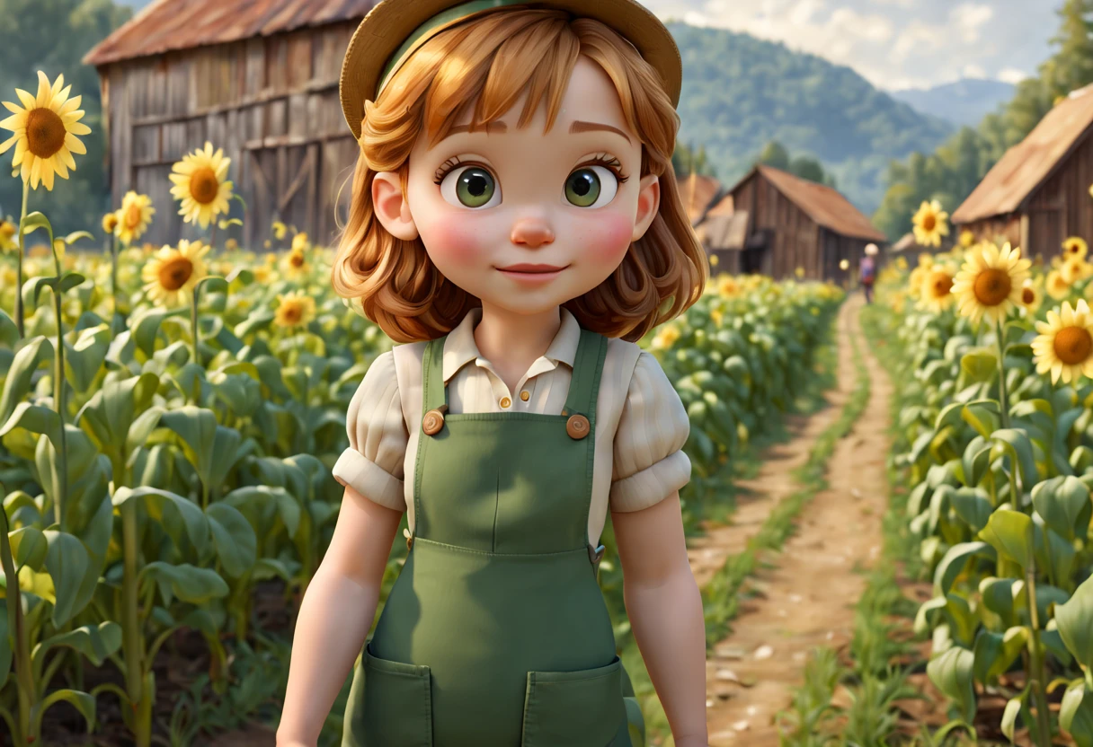 (best quality, 4k, 8k, high resolution, masterpiece: 1.2), ultra detailed, (realistic, photorealistic, photorealistic: 1.37), intricate details, Disney cartoon style, a beautiful girl, farmer's clothes, atmosphere of farm