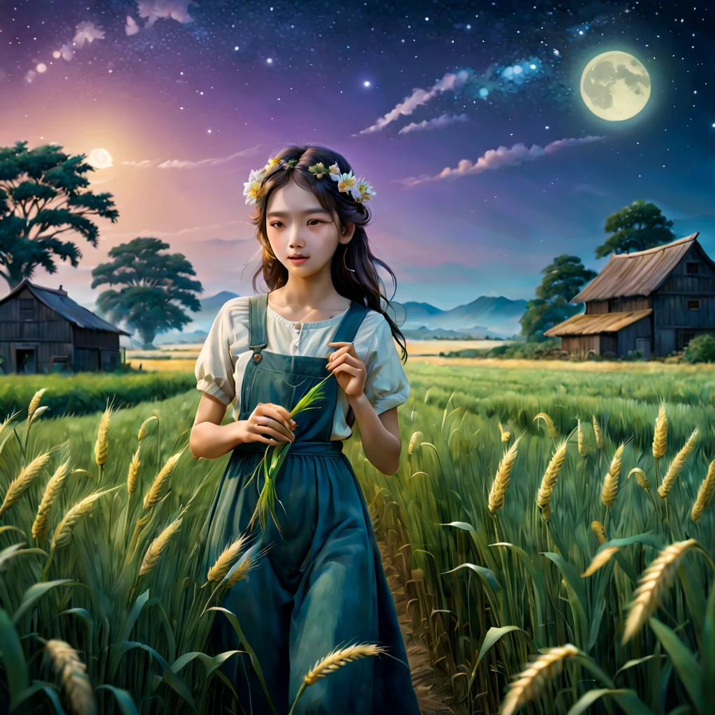 magnificent landscape painting，the night，Farm life，Girl with a flower in her hairm scene，naturey，green colorm house，Tano，cropper，flourishing，abundance，lavoura，Tools，Industrious farmer，abundance的水果和蔬菜，Farm animals eating grass with satisfaction，picturesque countryside，peacful，peacful，satisfy，satisfy，moonlit sky，grass swaying in the breeze，Stars twinkle overhead，Fireflies are flying around，Night wind whispers，peacful而田园的环境，Subtle blue-violet tones，Subtle warm colors，Ethereal and dreamy atmosphere，A faint floral scent，Farmland stretches into the distance，Wheat fields sway gently，night adventure，Magical and charming atmosphere。(best quality,4k,8k,highres,masterpiece:1.2),ultra-detailed,(realistic,photorealistic,photo-realistic:1.37),