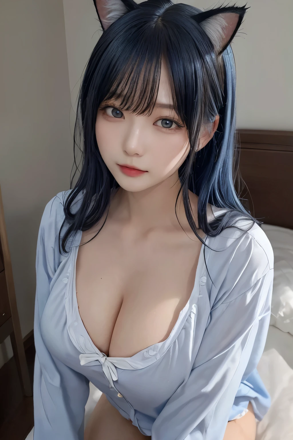 (tmasterpiece, The best_quality, ultra - detailed, 8K, hyper HD, flawless perfection:1.latin blue hair, blue hairs,cat woman,, Cat ears, glowing pink eyes, the shy, Compliant, face flushed, Wet oily skin, on top of the bed, bigger胸老婆, heart tattoo above, , bigger腿粗, Beautiful hip curve, 巨bigger, thicc, skin tight, scantily clad, Lace, collars, face to the viewer, janelas, Bedrooms, midynight, sexy for,,Japan goddess, Cardigan shirt, Korean girls, 美丽的asiagirl, V-shaped bust clothes, low chest,巨bigger,Expose the upper half of the chest,not compact,下垂的bigger胸,gorgeous chinese models, gorgeous young korean woman, model in Japan, Thick lips,duck mouth,asiagirl, beautiful young korean woman, in blouse wearing, beautiful Korean women, 坐on top of the bed, watching the future,巨bigger,bigger,Upp,frontal photos,super closeup,facing at the camera,Take photos carefully